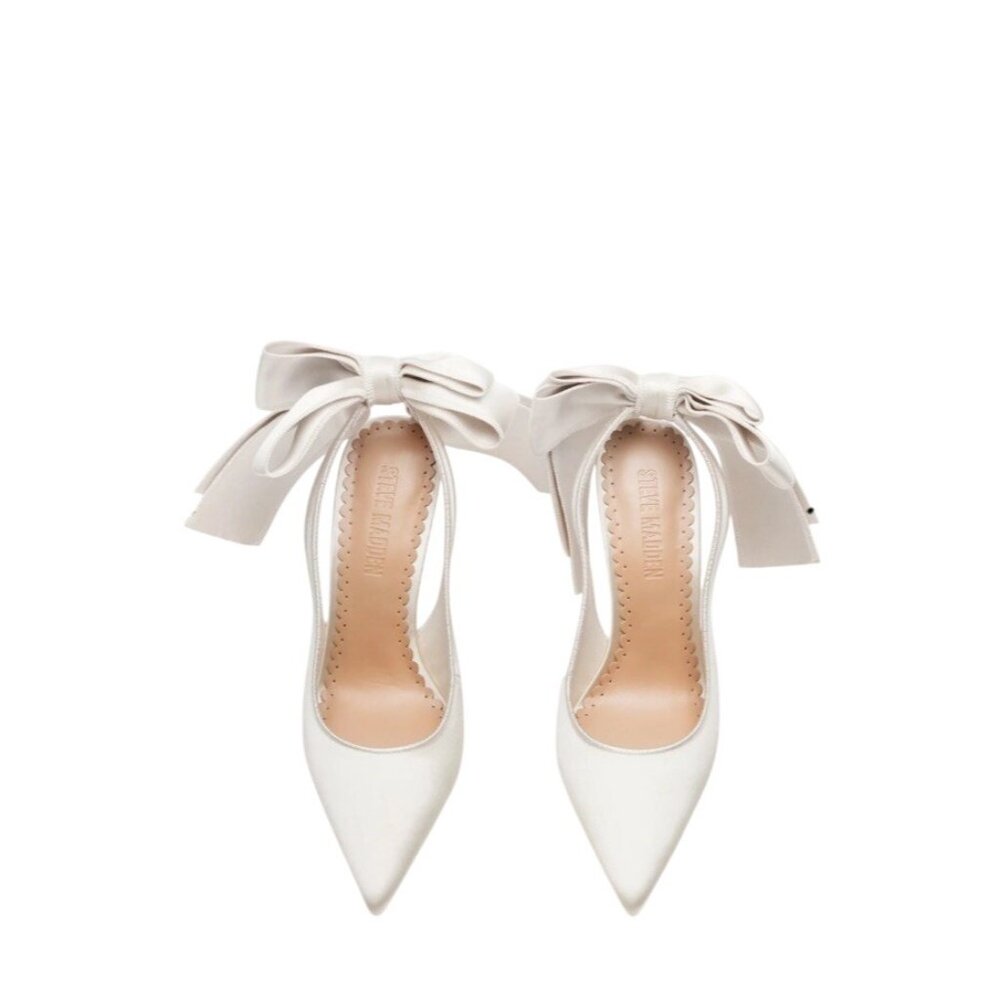 STUNNING Steve Madden Teacup Ivory Satin Sling Back Stiletto Pump Bow Sz 10M NEW - Picture 4 of 16